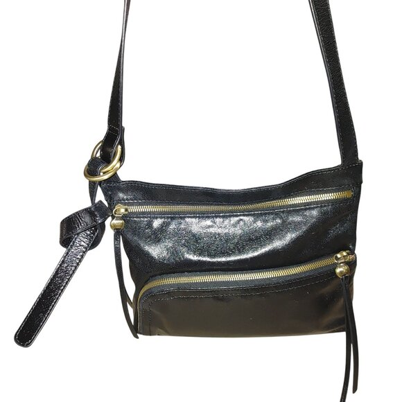 Hobo Black Leather Crossbody Bag Gold Hardware Multiple Zippered Compartments - Picture 2 of 9